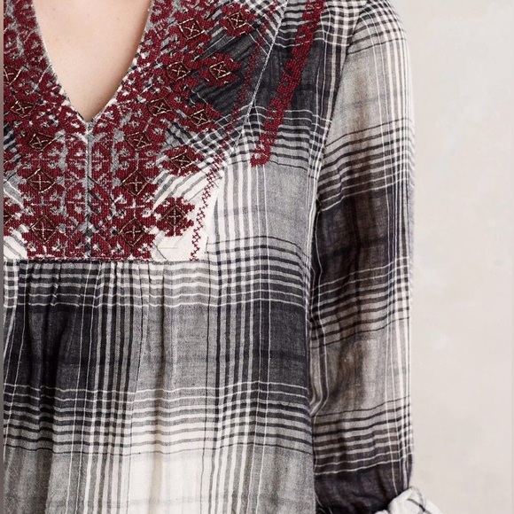 Anthropologie Floreat Plaid Floral Embroidered Flannel Tunic Blouse Shirt XS - Picture 2 of 13